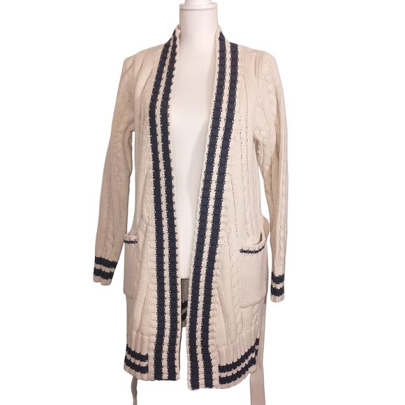 NEW Chaser Cable Knit Belted Cardigan In Cake/Cream & Blue Jay Stripe M Preppy - Picture 6 of 11